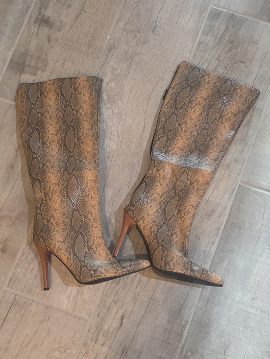 Shoes - Snake-Print Mid-Calf Stiletto Boots in Brown